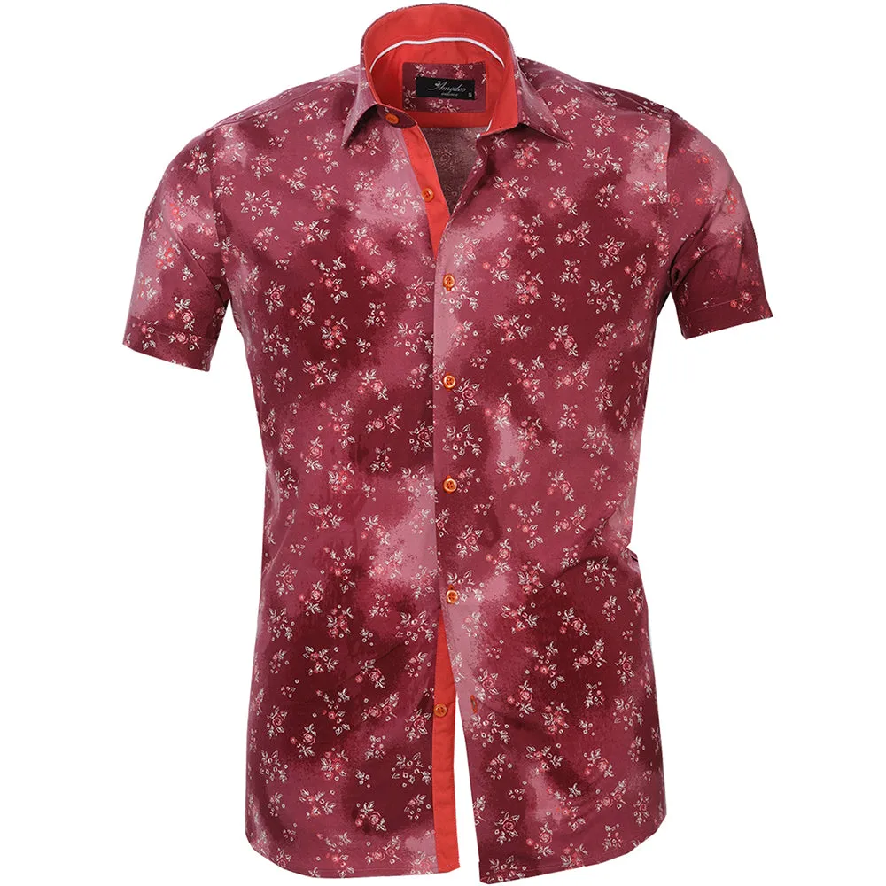 Red with White Floral Mens Short Sleeve Button up Shirts - Tailored Slim Fit Cotton Dress Shirts