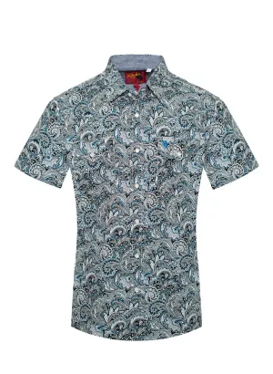 Rodeo Clothing Men's Short Sleeve Shirt - Blue & White Paisley