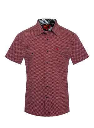 Rodeo Clothing Men's Short Sleeve Shirt - Flower in a Square Red, Black & White