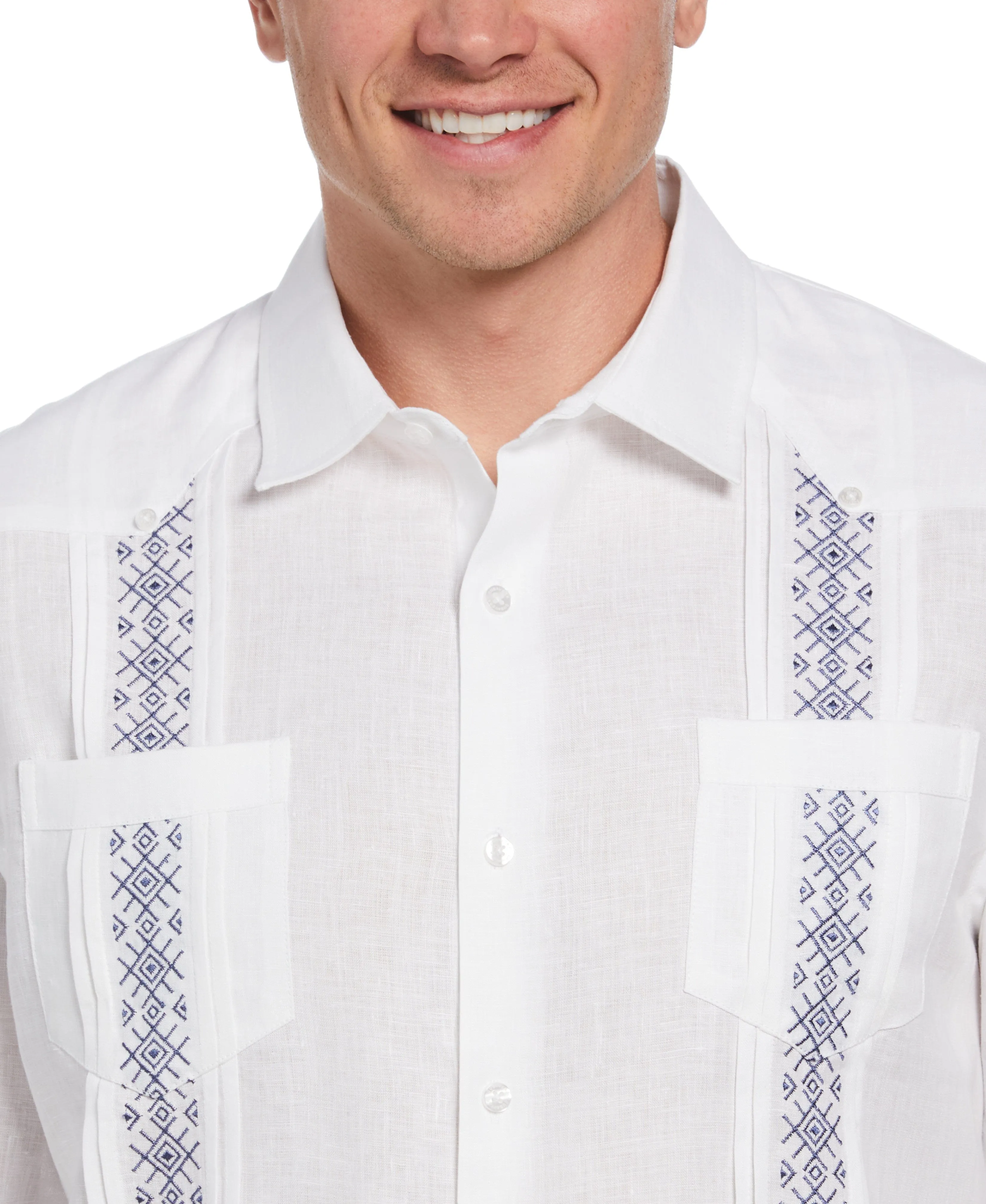 Solid Linen Guayabera Shirt With Contrast Embroidery