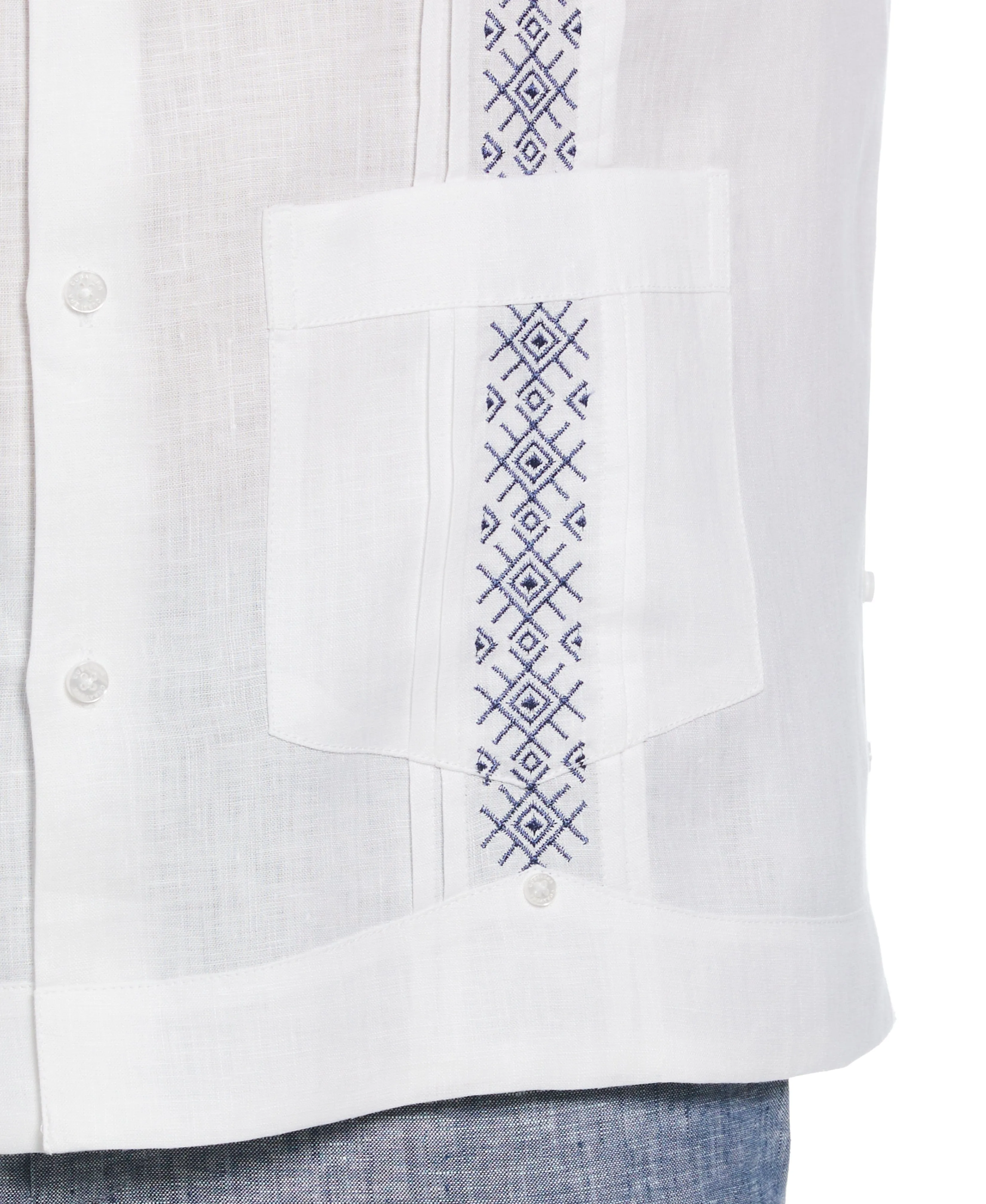 Solid Linen Guayabera Shirt With Contrast Embroidery