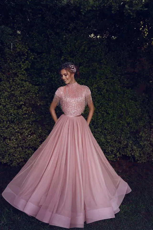Special High Neck Tassel Beading Cap Sleeves Princess Prom Dresses Blushing Pink Evening Gowns