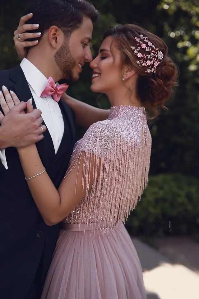 Special High Neck Tassel Beading Cap Sleeves Princess Prom Dresses Blushing Pink Evening Gowns
