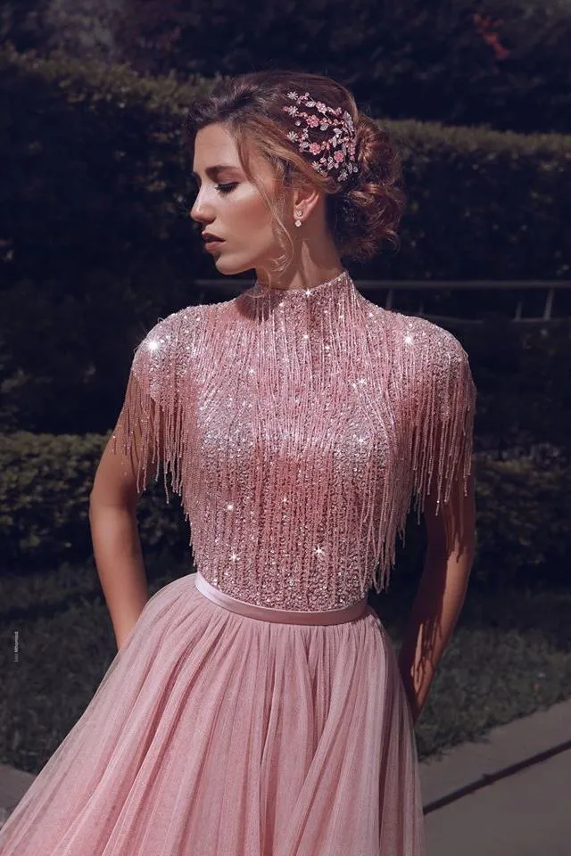 Special High Neck Tassel Beading Cap Sleeves Princess Prom Dresses Blushing Pink Evening Gowns