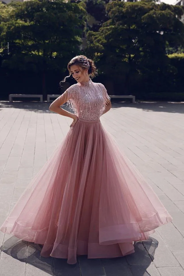 Special High Neck Tassel Beading Cap Sleeves Princess Prom Dresses Blushing Pink Evening Gowns