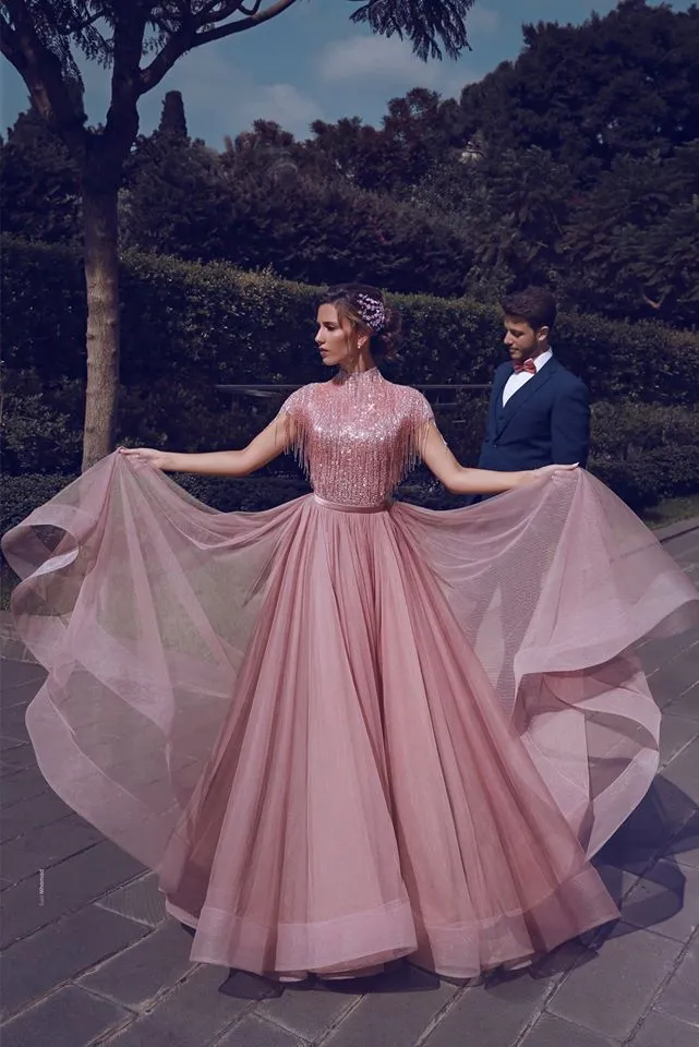 Special High Neck Tassel Beading Cap Sleeves Princess Prom Dresses Blushing Pink Evening Gowns