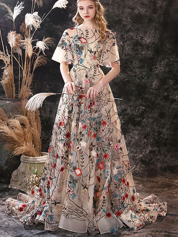 Stunning Evening Dress A-Line Jewel Neck Lace With Train Lace Social Party Dresses