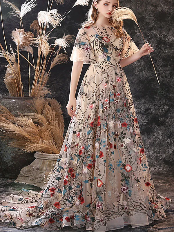 Stunning Evening Dress A-Line Jewel Neck Lace With Train Lace Social Party Dresses