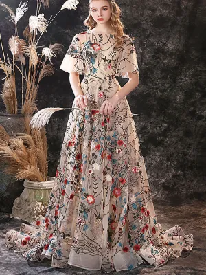 Stunning Evening Dress A-Line Jewel Neck Lace With Train Lace Social Party Dresses