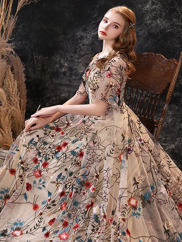 Stunning Evening Dress A-Line Jewel Neck Lace With Train Lace Social Party Dresses