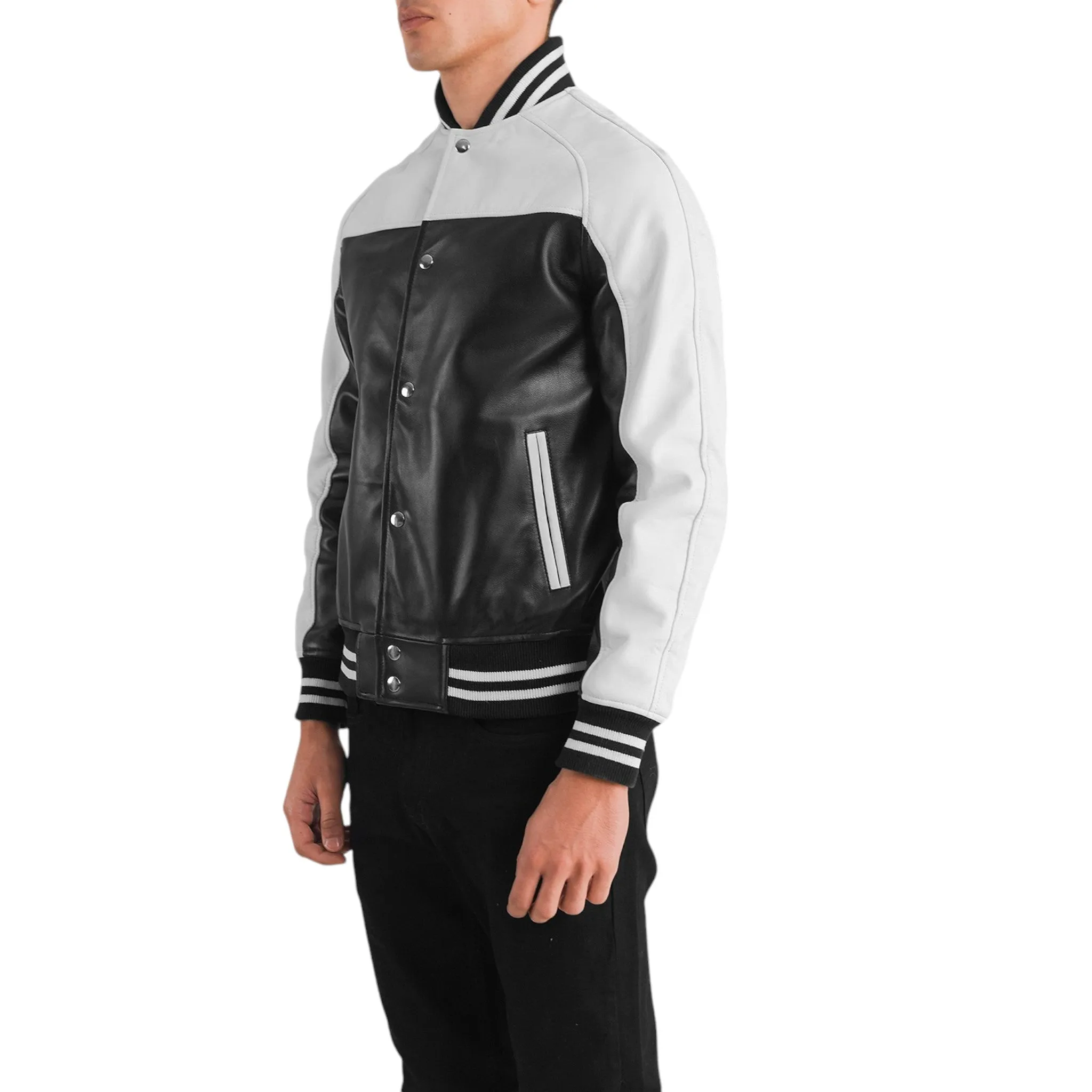Terrance Varsity Jacket in Black and White Leather
