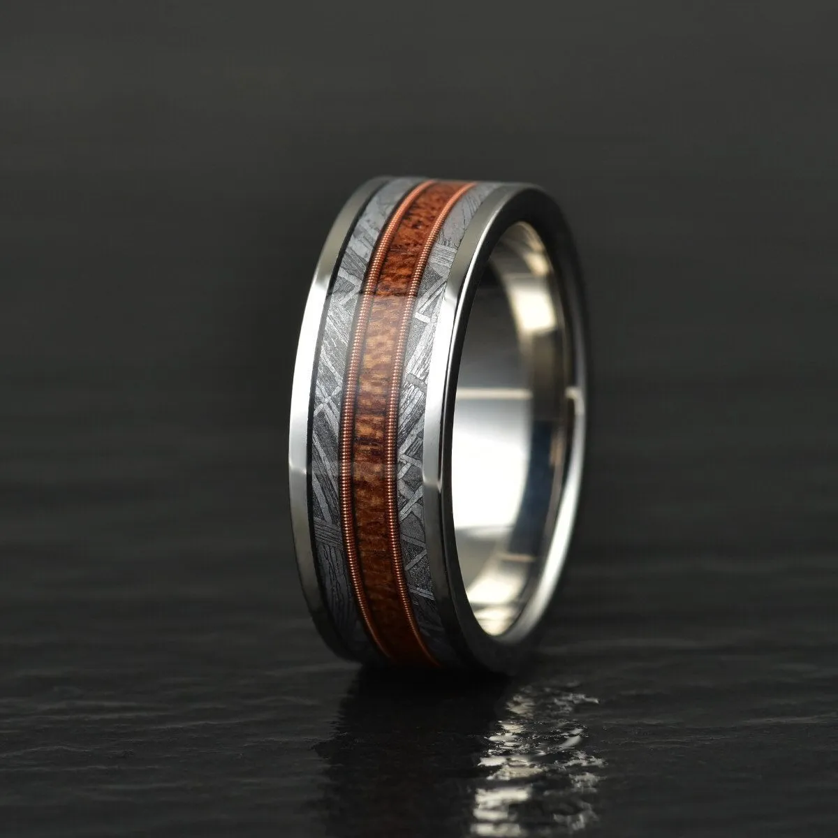 The Spartan Ring - Tungsten Meteorite Whiskey Barrell Guitar String Women's Wedding Band 8MM