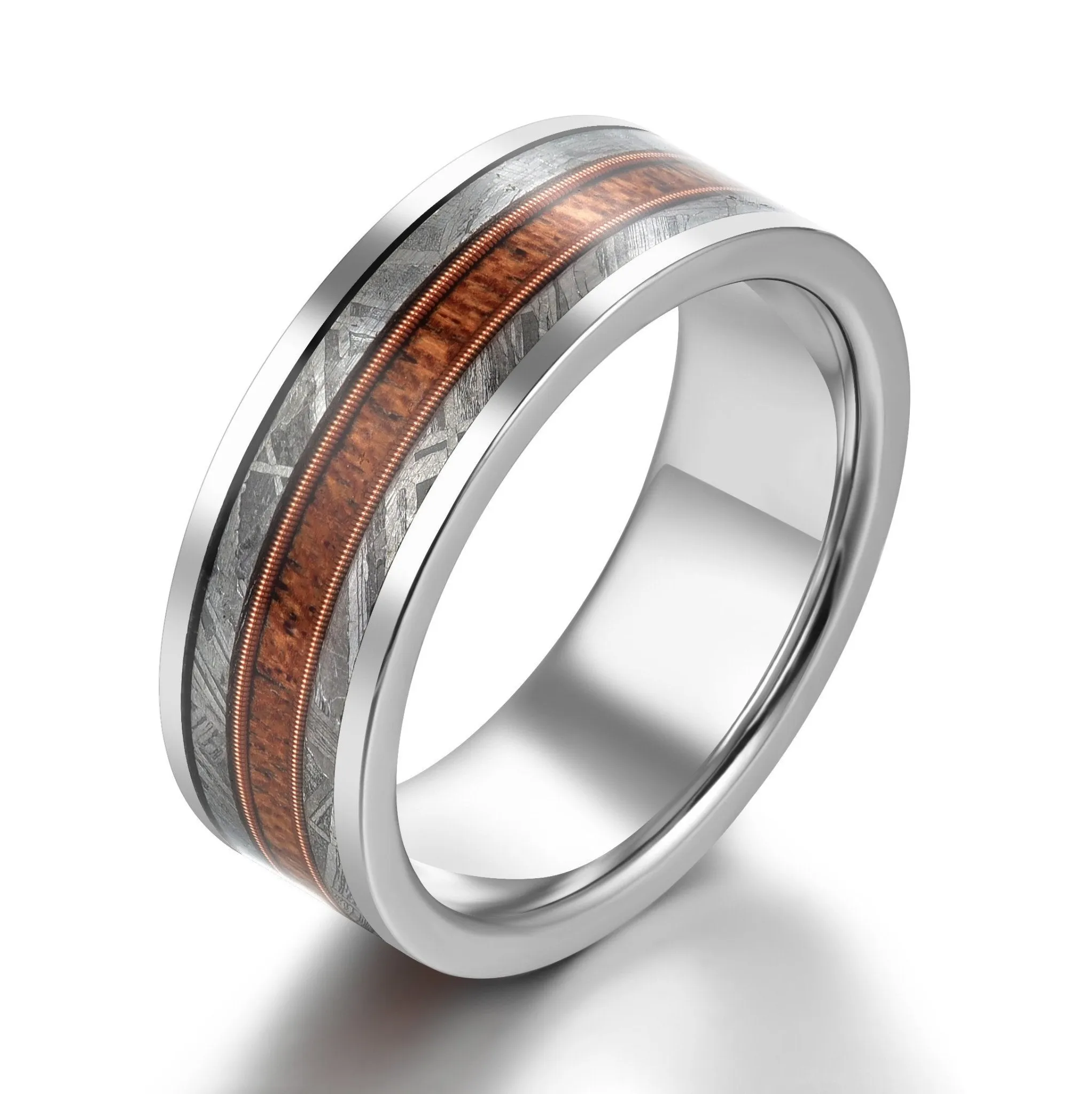 The Spartan Ring - Tungsten Meteorite Whiskey Barrell Guitar String Women's Wedding Band 8MM