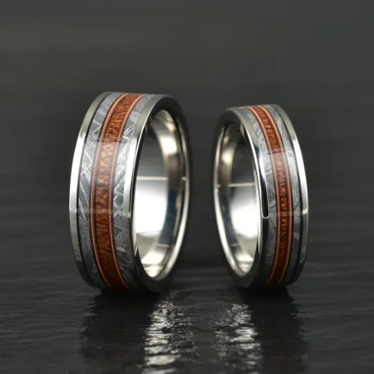 The Spartan Ring - Tungsten Meteorite Whiskey Barrell Guitar String Women's Wedding Band 8MM