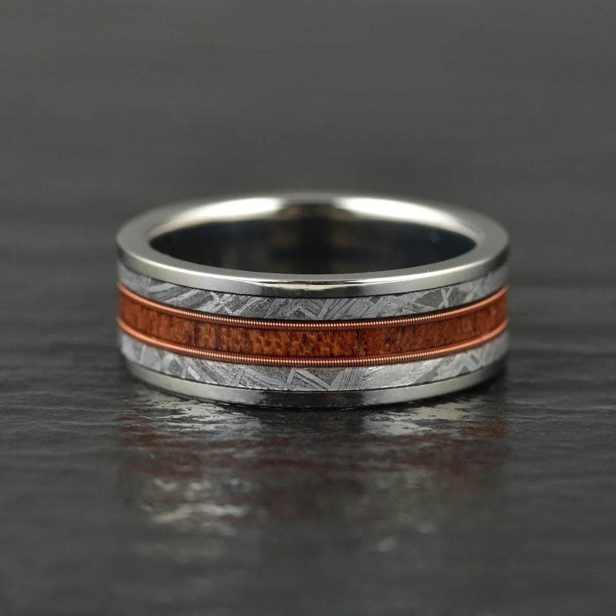 The Spartan Ring - Tungsten Meteorite Whiskey Barrell Guitar String Women's Wedding Band 8MM