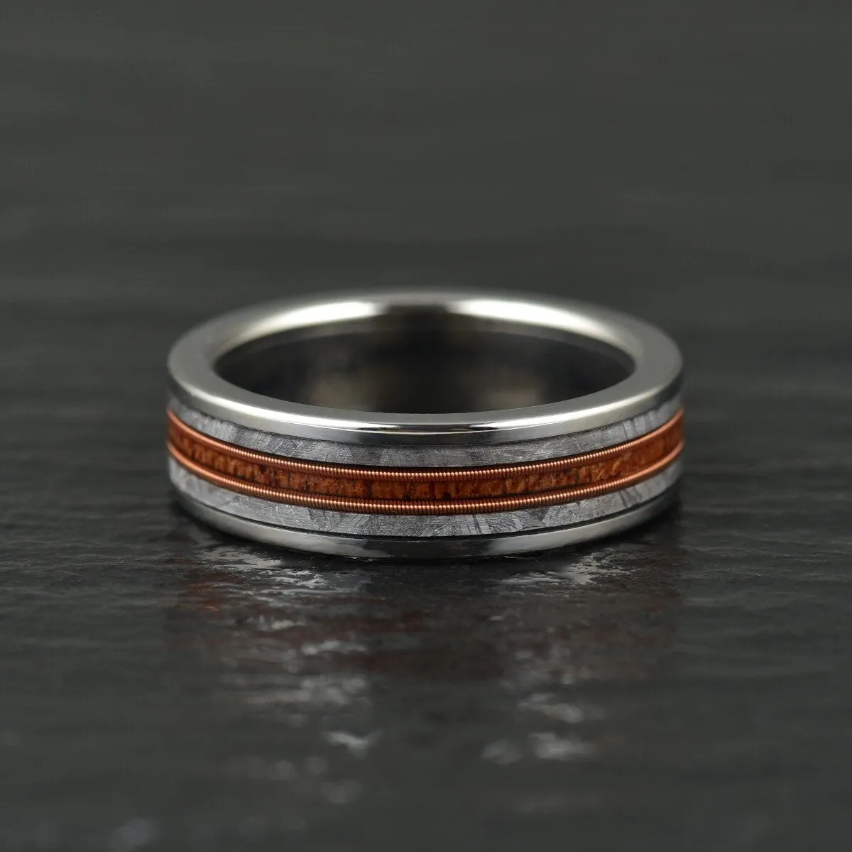 The Spartan Ring - Tungsten Meteorite Whiskey Barrell Guitar String Women's Wedding Band 8MM