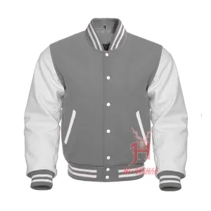 Varsity Letterman Baseball Gray Wool Genuine White Leather Sleeves Jacket XS ~7XL Varsity Men's Women's Kid's Letterman collage jackets Hi-237