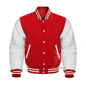 Varsity Letterman Baseball Red Wool Genuine White Leather Sleeves Jacket XS ~7XL Varsity Men's Women's Kid's Letterman collage jackets Hi-235