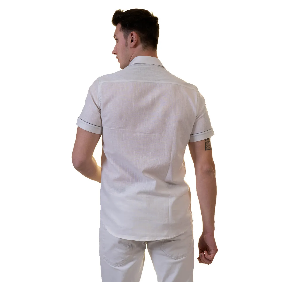 White Mens Short Sleeve Button up Shirts - Tailored Slim Fit Cotton Dress Shirts