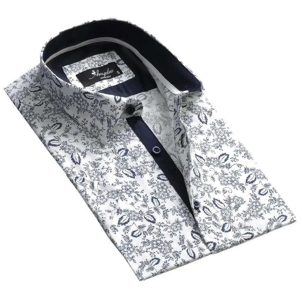 White Navy Blue Floral Mens Short Sleeve Button up Shirts - Tailored Slim Fit Cotton Dress Shirts
