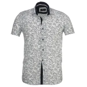 White Navy Blue Floral Mens Short Sleeve Button up Shirts - Tailored Slim Fit Cotton Dress Shirts