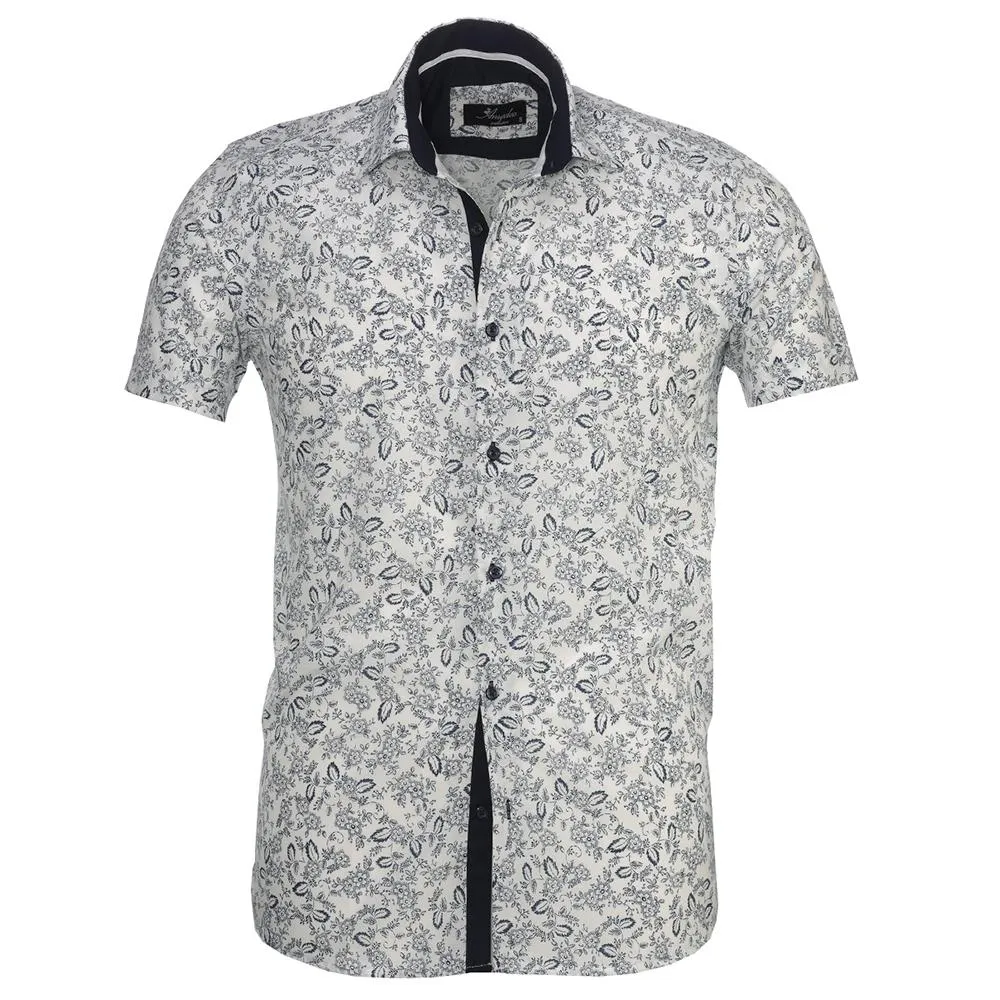 White Navy Blue Floral Mens Short Sleeve Button up Shirts - Tailored Slim Fit Cotton Dress Shirts
