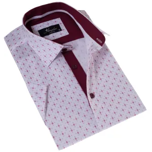 White Printed Shirt | White with Burgany Printed Paisley  Short Sleeve Button up Shirts - Tailored Slim Fit Cotton Dress Shirts
