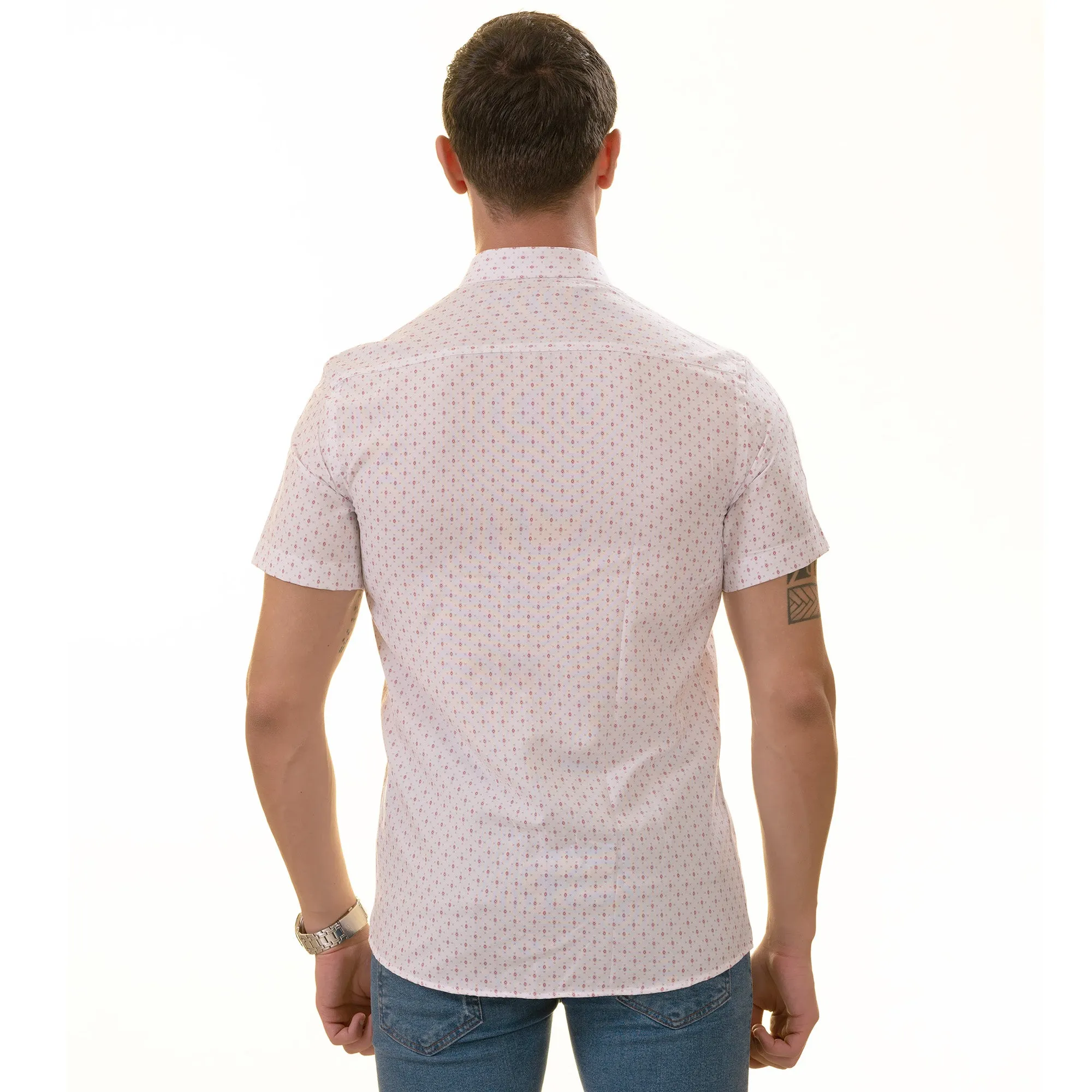 White Printed Shirt | White with Burgany Printed Paisley  Short Sleeve Button up Shirts - Tailored Slim Fit Cotton Dress Shirts