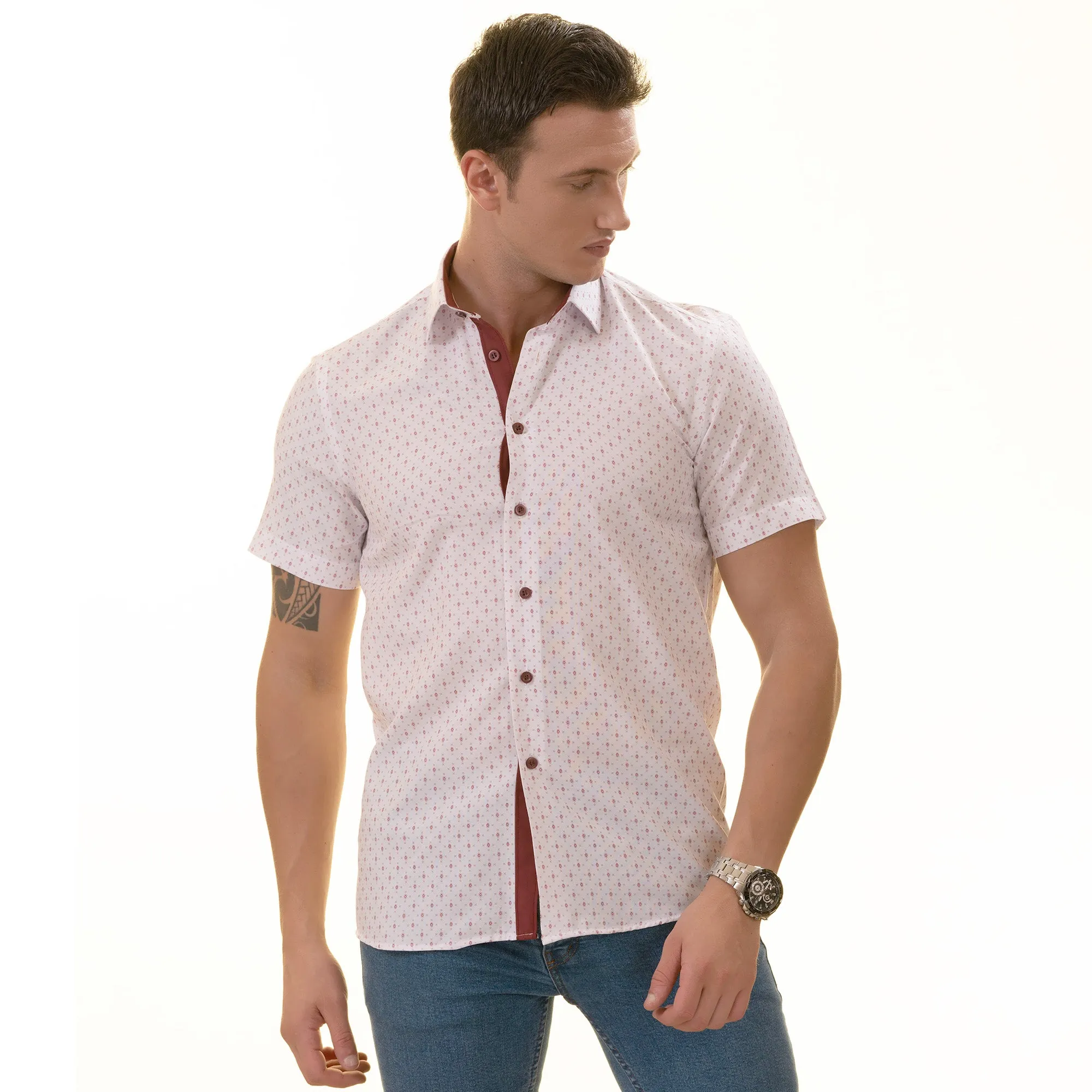 White Printed Shirt | White with Burgany Printed Paisley  Short Sleeve Button up Shirts - Tailored Slim Fit Cotton Dress Shirts