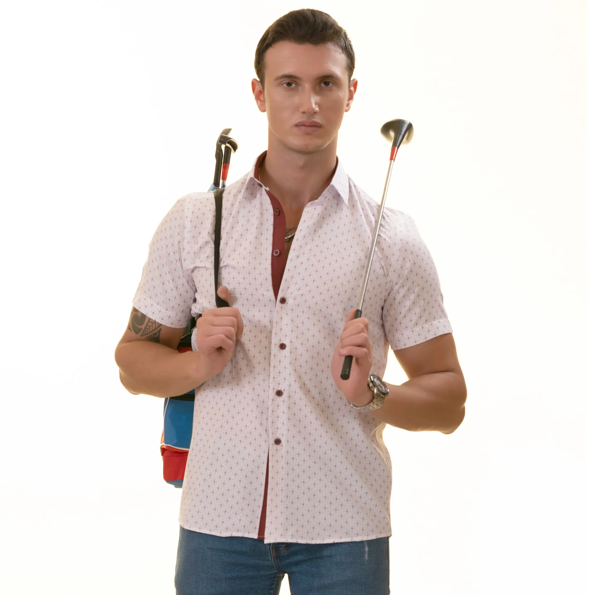 White Printed Shirt | White with Burgany Printed Paisley  Short Sleeve Button up Shirts - Tailored Slim Fit Cotton Dress Shirts