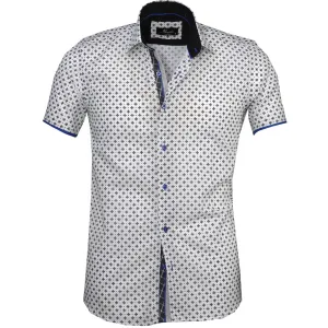 White with Black Mens Short Sleeve Button up Shirts - Tailored Slim Fit Cotton Dress Shirts