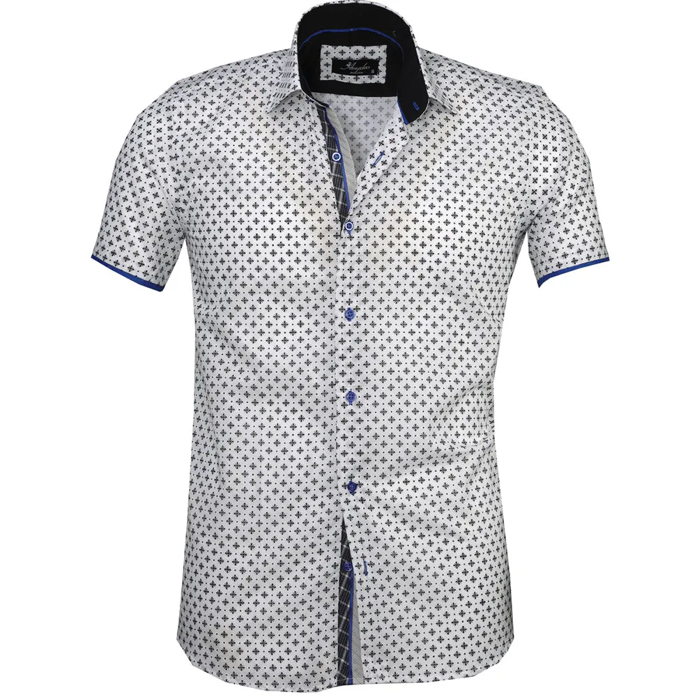 White with Black Mens Short Sleeve Button up Shirts - Tailored Slim Fit Cotton Dress Shirts