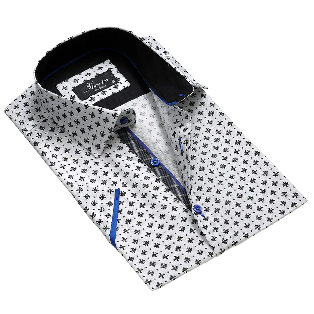 White with Black Mens Short Sleeve Button up Shirts - Tailored Slim Fit Cotton Dress Shirts