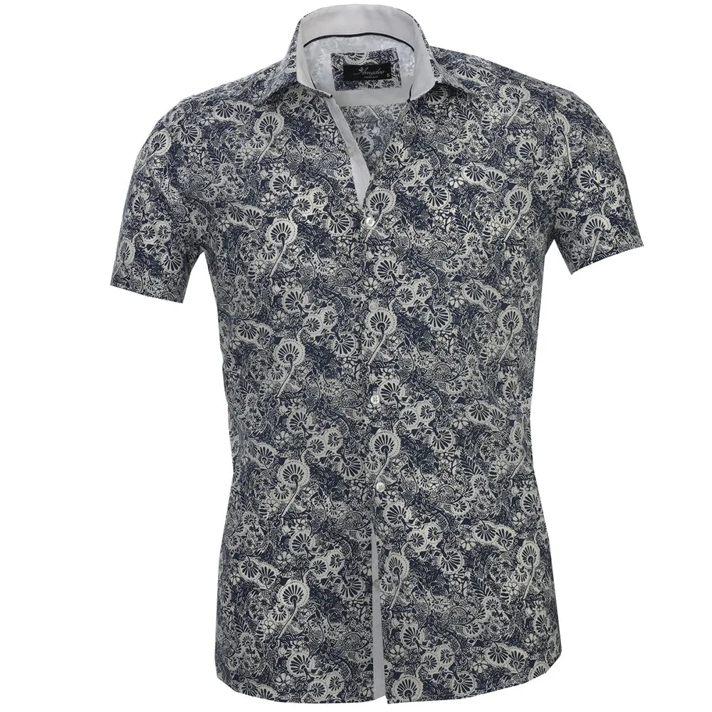 White with Dark Blue Floral Mens Short Sleeve Button up Shirts - Tailored Slim Fit Cotton Dress