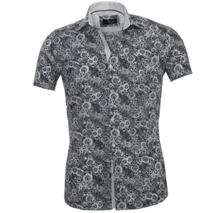 White with Dark Blue Floral Mens Short Sleeve Button up Shirts - Tailored Slim Fit Cotton Dress