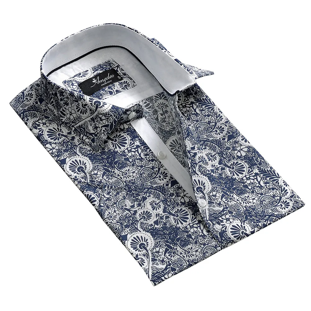 White with Dark Blue Floral Mens Short Sleeve Button up Shirts - Tailored Slim Fit Cotton Dress