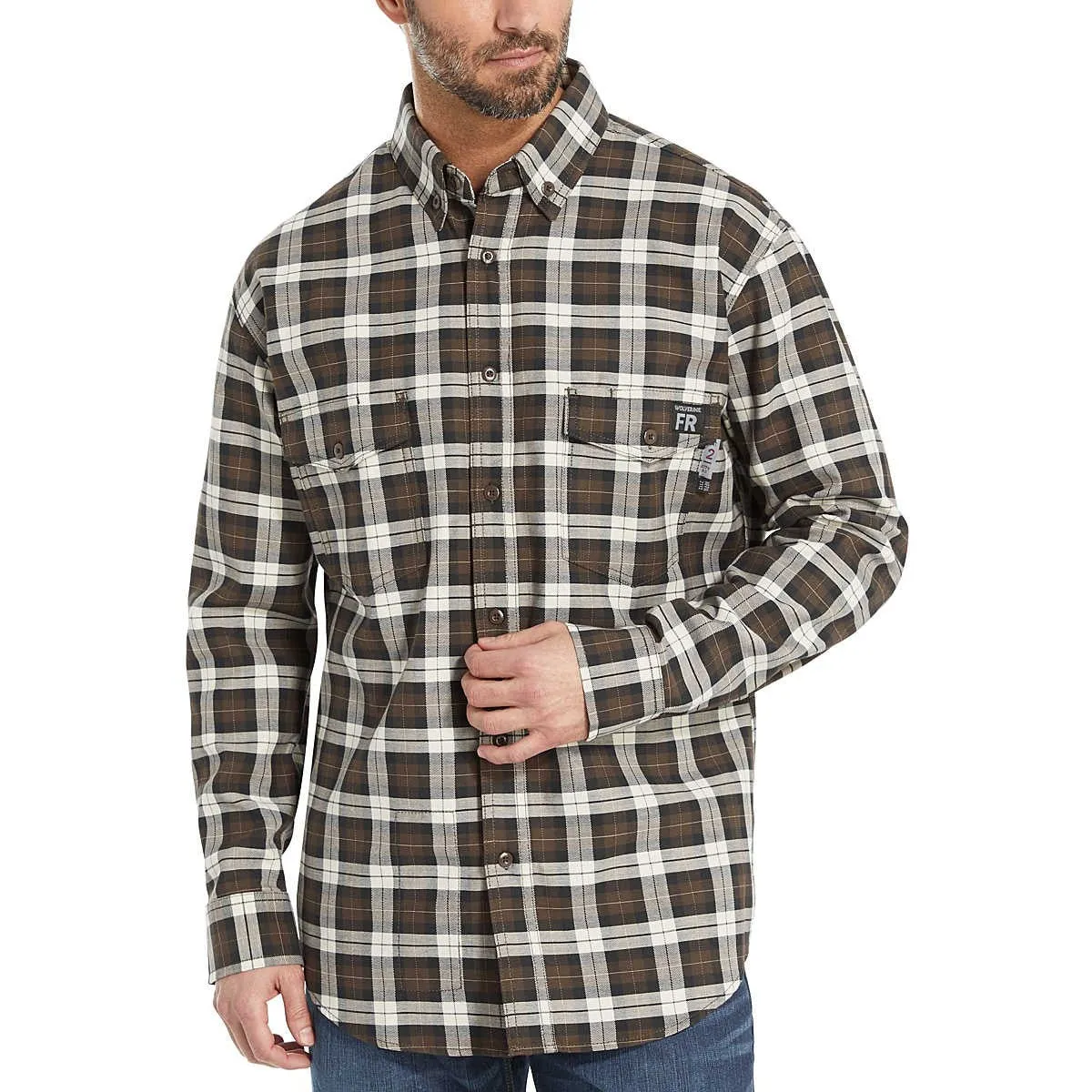 Wolverine Men's Flame Resistant  Plaid Long Sleeve Twill Shirt - Espresso - W1203980-206