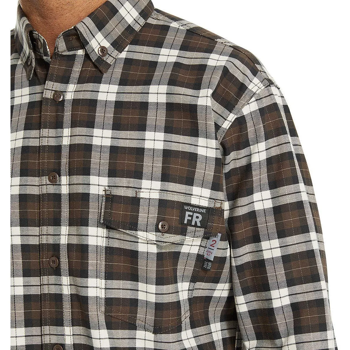 Wolverine Men's Flame Resistant  Plaid Long Sleeve Twill Shirt - Espresso - W1203980-206