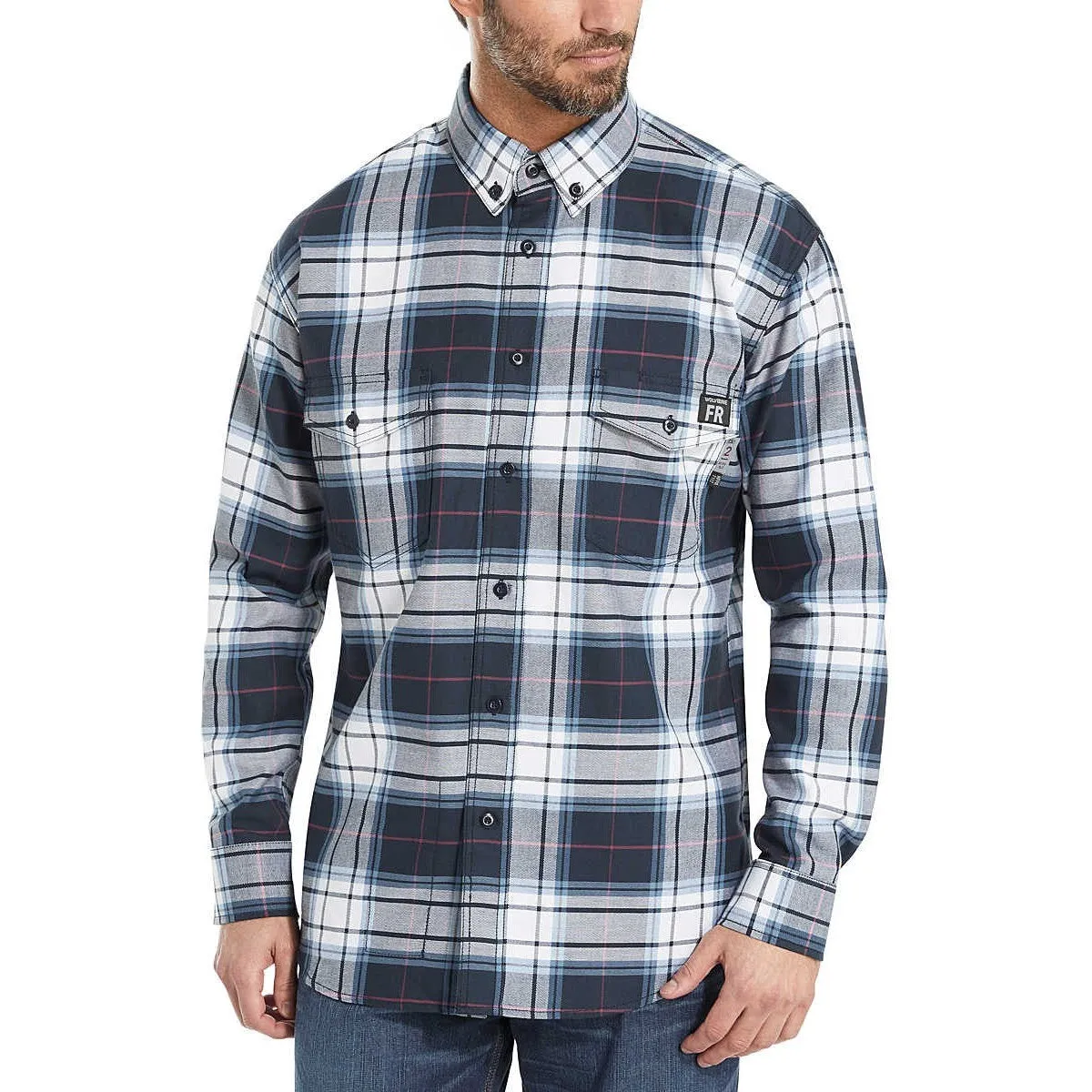 Wolverine Men's Flame Resistant  Plaid Long Sleeve Twill Shirt - Navy - W1203980-417