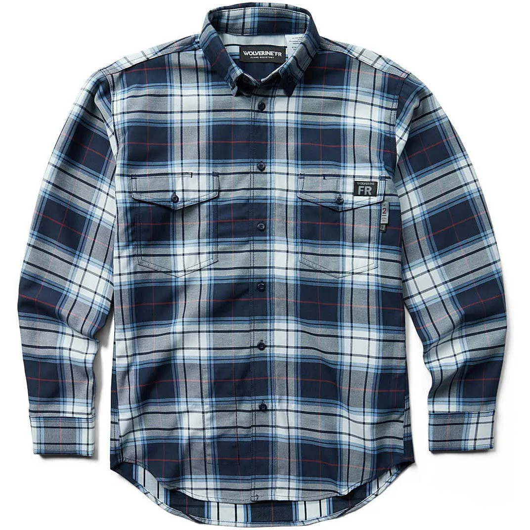 Wolverine Men's Flame Resistant  Plaid Long Sleeve Twill Shirt - Navy - W1203980-417
