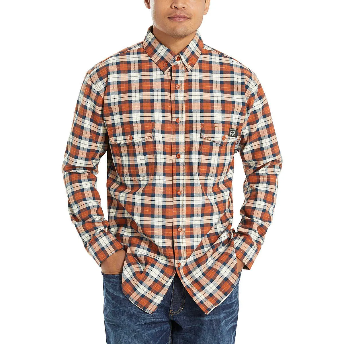 Wolverine Men's Flame Resistant  Plaid Long Sleeve Twill Shirt - Russet - W1203980-607
