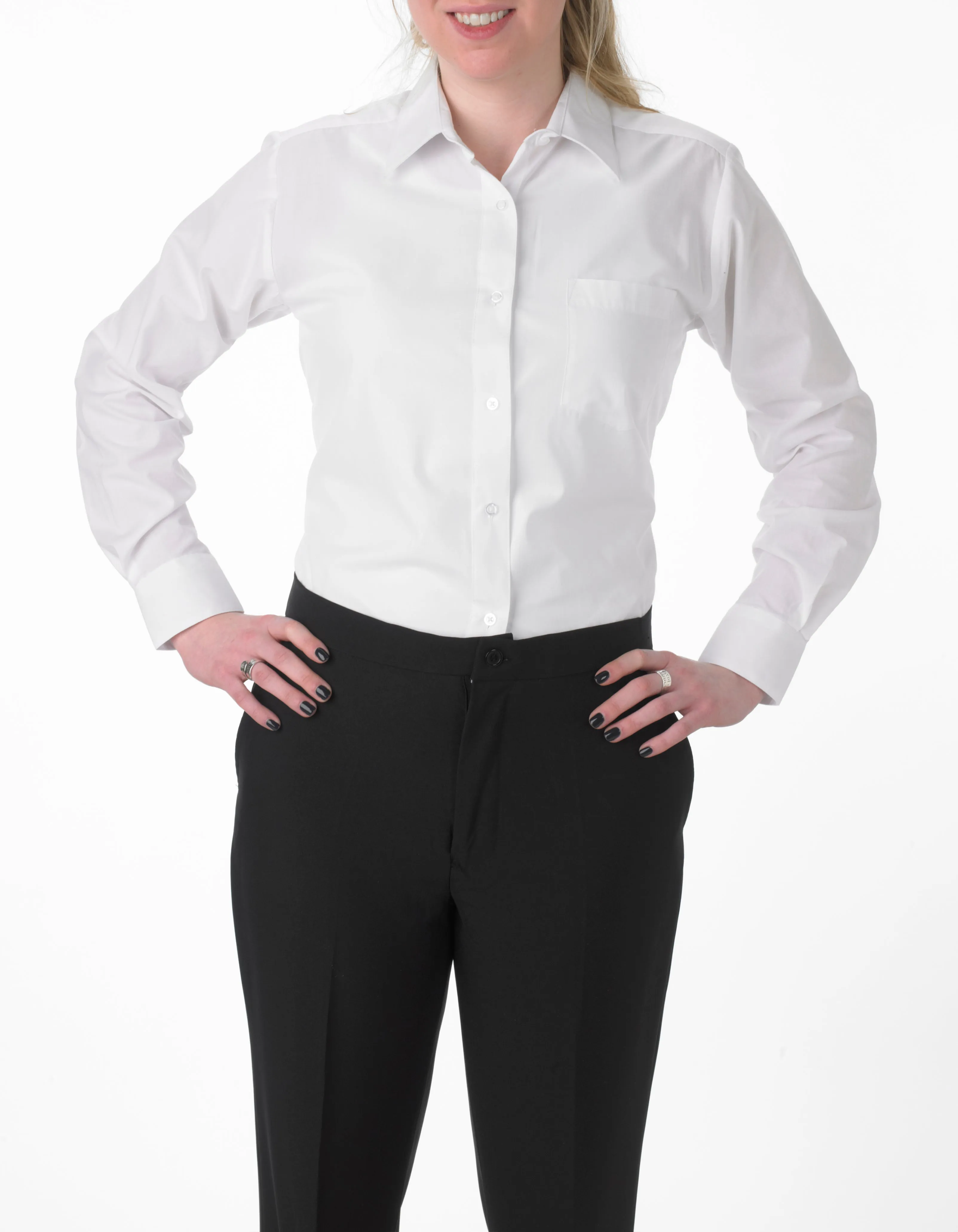 Women's White, Lay Down Collar, Long Sleeve Dress Shirt