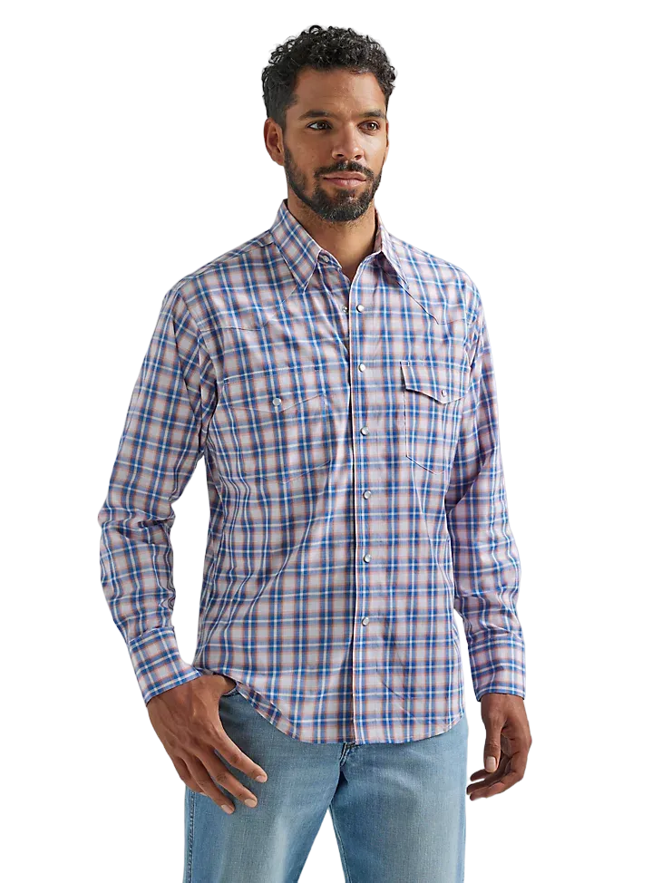 Wrangler Men's Long Sleeve Western Snap Plaid Blue Orange Shirt