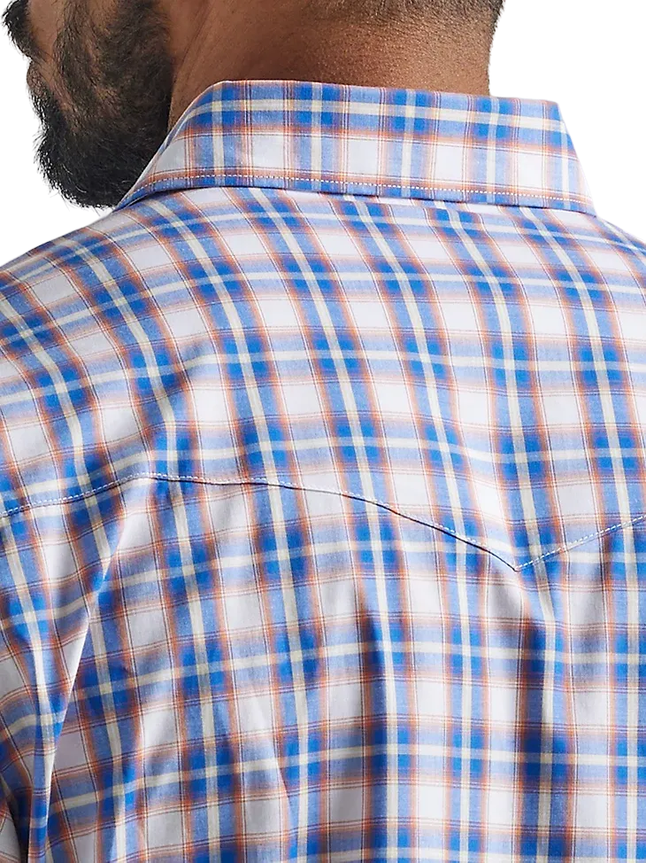Wrangler Men's Long Sleeve Western Snap Plaid Blue Orange Shirt