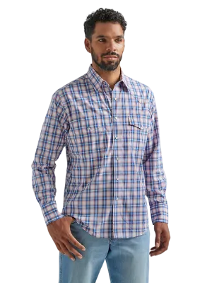Wrangler Men's Long Sleeve Western Snap Plaid Blue Orange Shirt