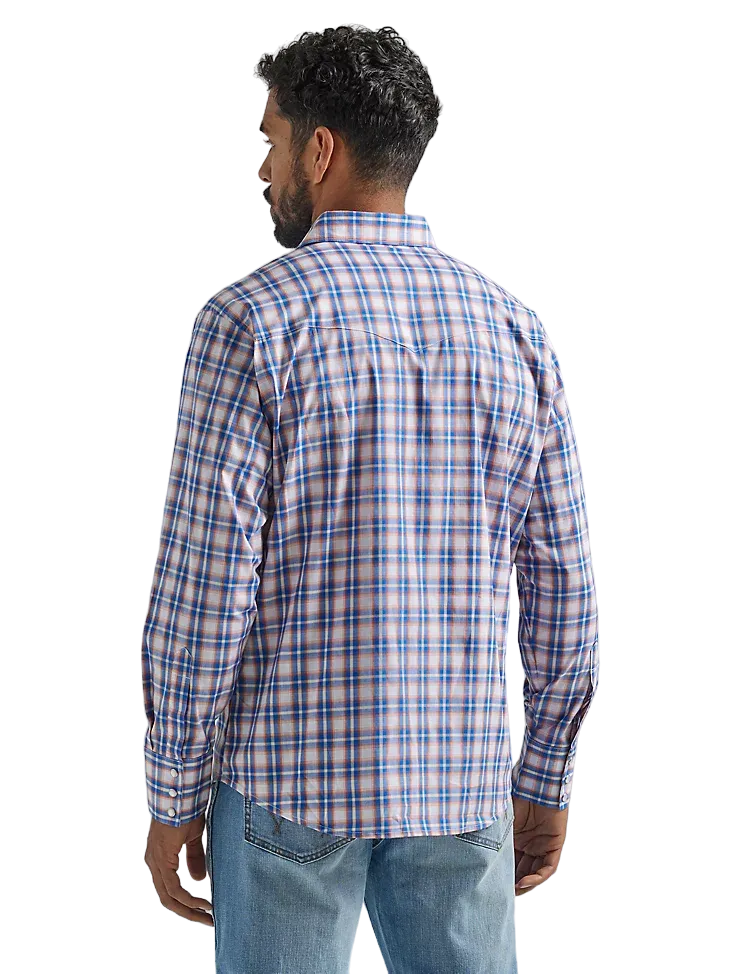 Wrangler Men's Long Sleeve Western Snap Plaid Blue Orange Shirt