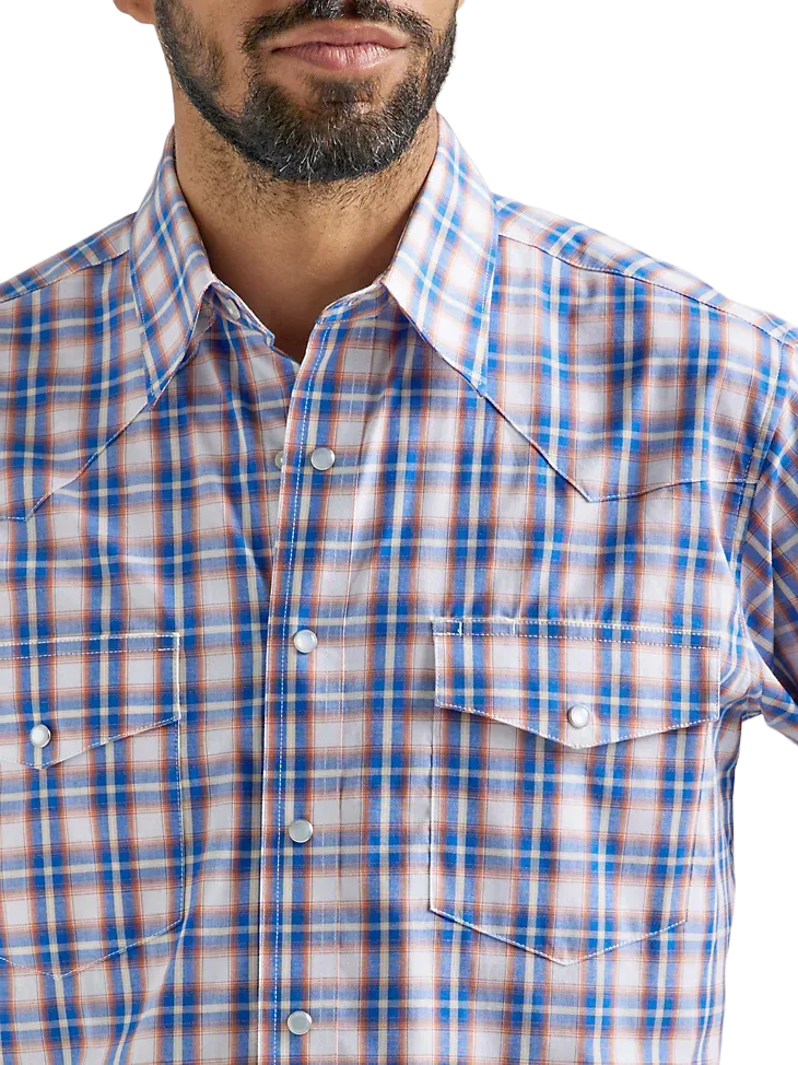 Wrangler Men's Long Sleeve Western Snap Plaid Blue Orange Shirt
