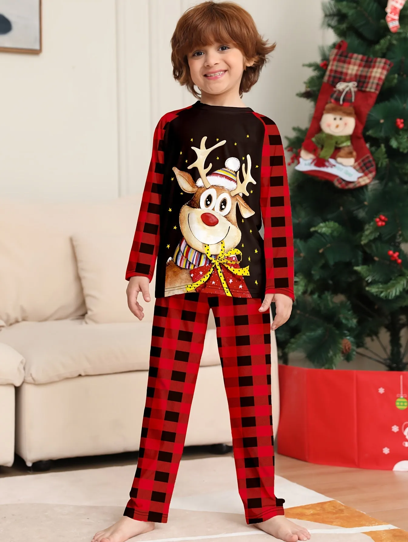 Youngsters' Cozy Christmas Pajama Set - Flame-Resistant, Cartoon Reindeer & Plaid Print, Long Sleeve Top and Pants for Boys & Girls