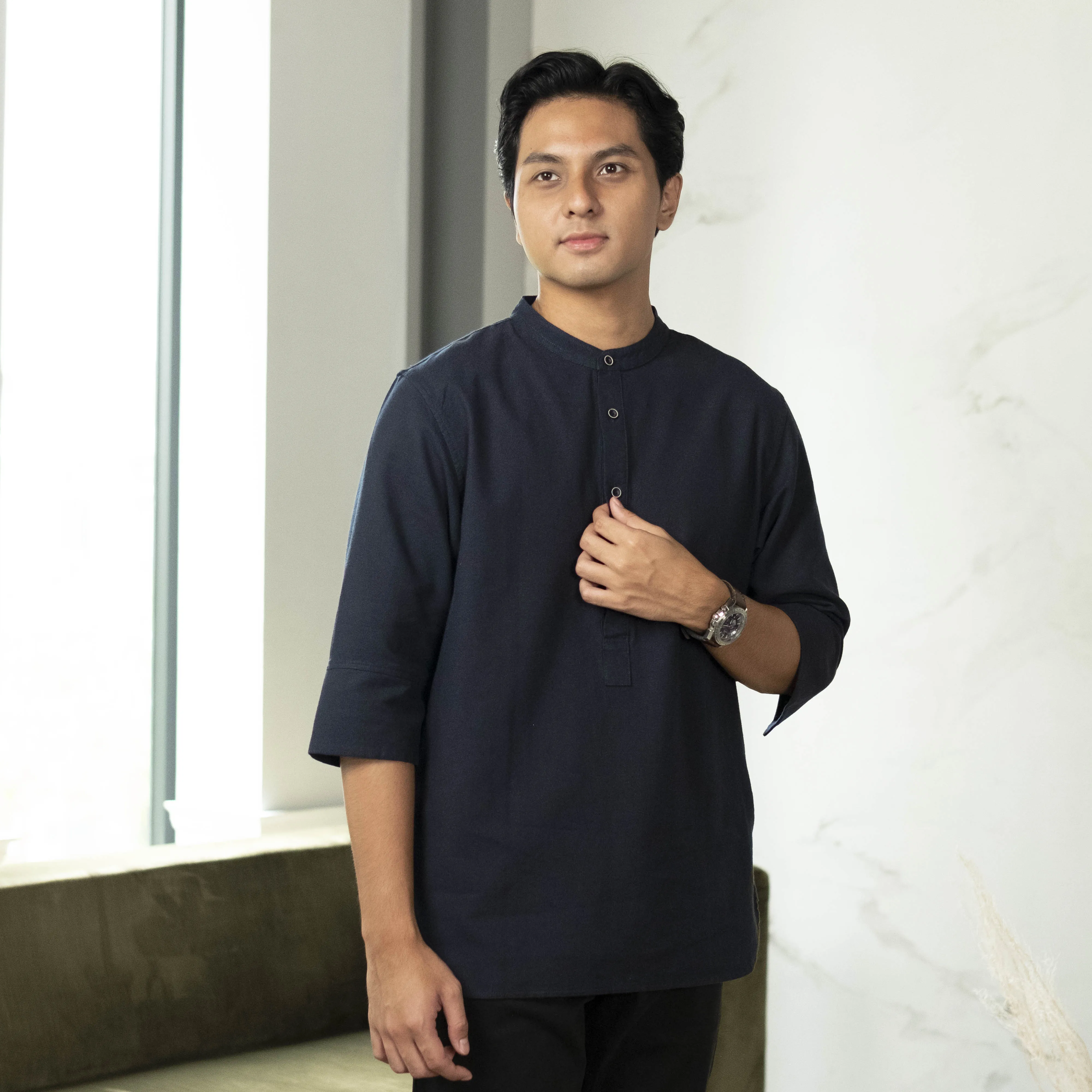 Zafar Kemeja Koko Rami Basic Lengan Panjang 3/4